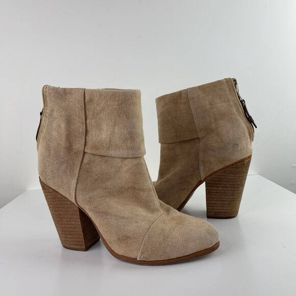 Rag & Bone Newbury Linen Taupe Heeled Ankle Booties Wooden Block Heel Size 37.5 - Picture 2 of 9